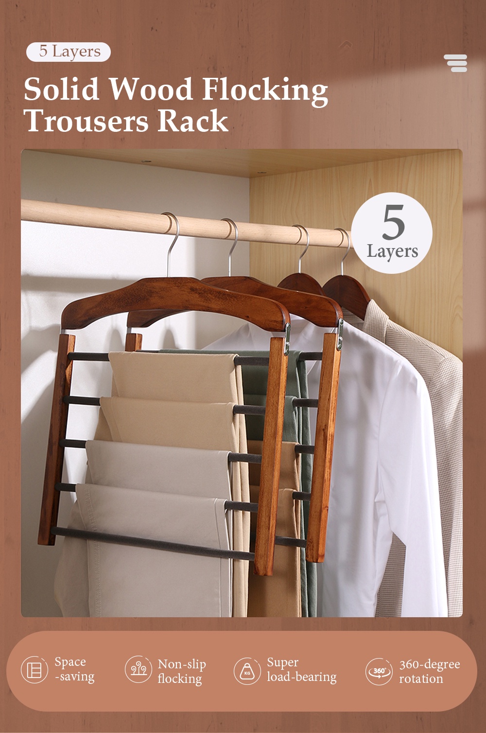 5 Layers Trousers Hanger Wooden Flocking-1